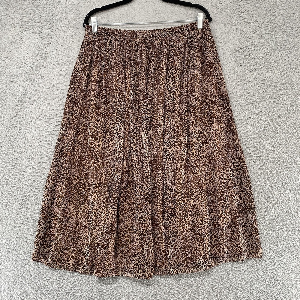 Tahari Midi Skirt Womens Large Brown Leopard Pleated Elastic Waist Lined Chiffon